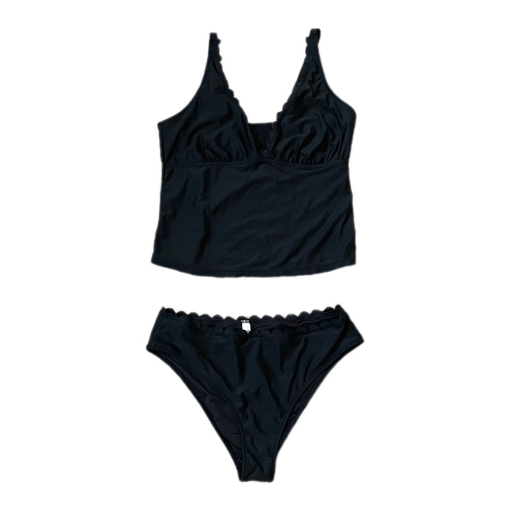Scalloped Hem Black V Neck Tankini Set